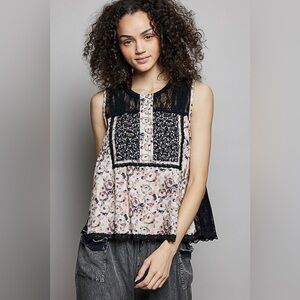 POL Printed Woven Lace Back Round Neck Sleeveless Top
